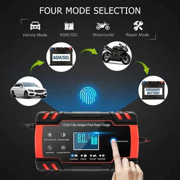 12V/24V 8A Intelligent Batterilader, Batterilader Vedligeholdelse og Automatisk Reparation Bærbar Funktion med LCD-skærm, til Bil Motorcykel Lastbil