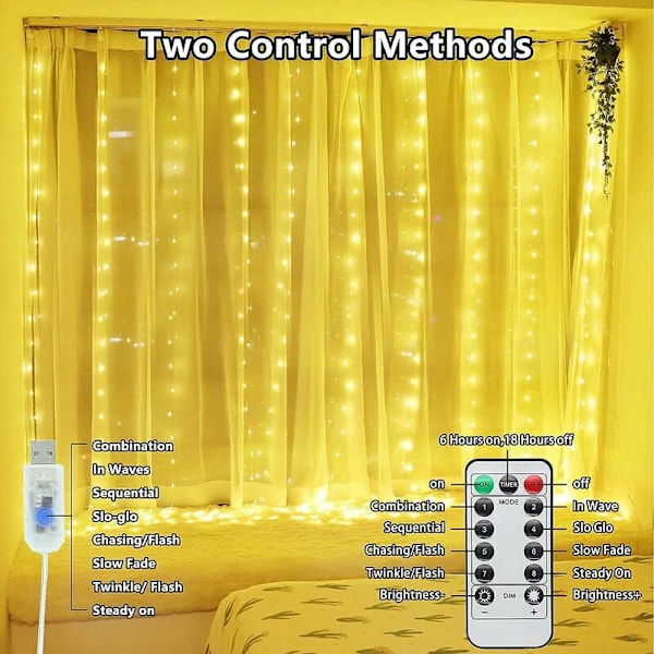 Verhojen valosarja - 3x3M/300LED Verhovalot USB-virralla Vedenkestävä Verhovalosarja 8 Tilaa Kaukosäätimellä Ajastimella Ikkunavalo Joulu P