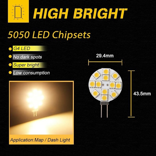 10x G4 LED Pære Ikke-Dæmpbar Varmt Hvid 2700K 180° Stråle Lyspære Udskiftning 20W Halogen Lampe til Køkken Campingvogn RV Trailer Båd DC 12V Udskiftning