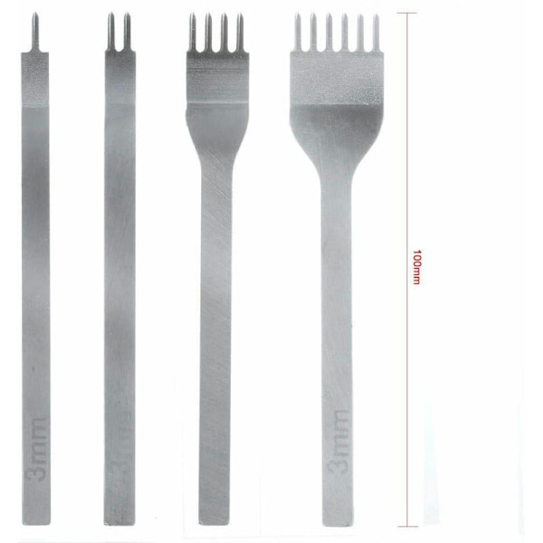 4 stk. 3mm Læderværktøjsæt, Hulstans DIY Læderhåndværk Klo Punch Hul Syning Diamant Snøring 1+2+4+6 Tands Snøring Perforer Syværktøjer