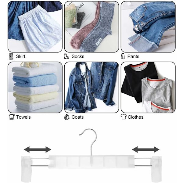 Pladsbesparende nederdelsholder med 360° drejelige kroge, justerbare clips, bøjler til bukser, tøj, frakker, tøj og jeans (10 stk., klar)