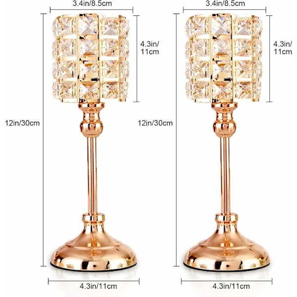 Guld Kristall Ljusstakar 2 st Tealight Metall Cylinder Lyxig Ljusstake 29.5CM Höjd Ljusstake Prydnader för Jul Vardagsrum Ons