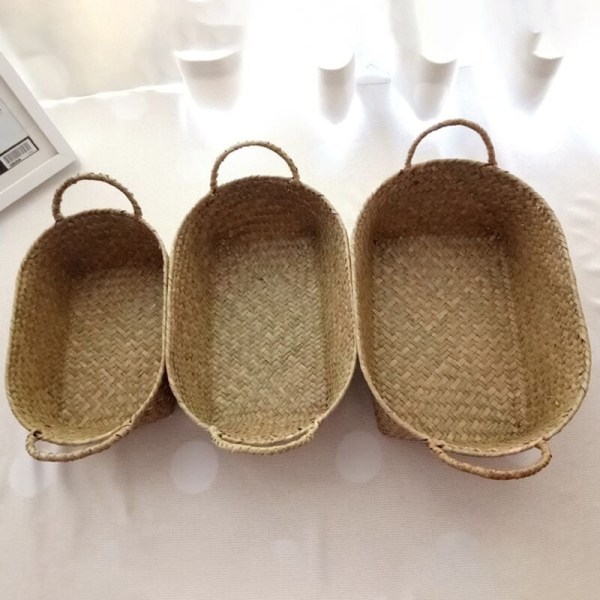 Håndvævet opbevaringskurv Halm Madbeholder Rattan Makeup Organizer Træholder (S, 24X15X9Cm)