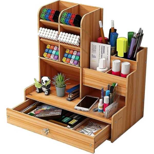 Organizer i trä med pennhållare för skrivbord, förvaringslåda för brevpapper med stor kapacitet med låda för hem, kontor och skola (Cherry Color B17)