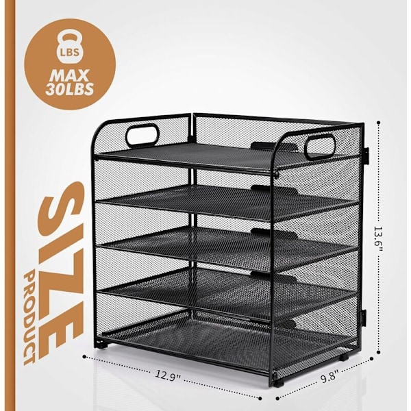 Mesh-brevholder - Skrivebordsarrangør - A4-dokumentmappe - for hjem, kontor, skole (metallnett - 5 nivåer)