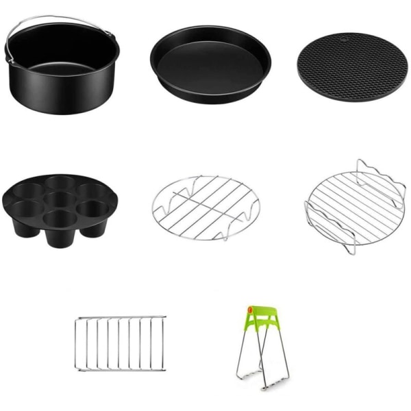 Fit 3.5QT-5.8Qt 7 Inch Air Fryer Accessories 8 Piece Kits with Silicone Skewer Mat, Non-Stick, Dishwasher Safe, Universal