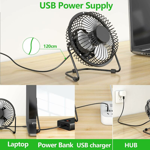 Mini USB-Blæser, 360 Graders Rotation, 5.71 Tommer Kraftig Bærbar Stille Blæser, Metal Bordblæser til Kontor, Hjem, Soveværelse, Bil, USB-Drevet (Sort)