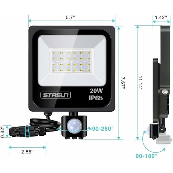 20W Liikeanturi LED-ulkovalaisin, Kylmä valkoinen 6000K 1800lm Ulkovalo, IP65 Vedenkestävä Herkkyyslamppu, Turvavalo Puutarhaan, Pihalle, G