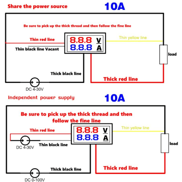 2 stk DC 100V 10A LED Digital Amperemeter Voltmeter Blå Rød Dobbelt Farge Skjerm Voltmeter Amperage Multimeter 2 i 1