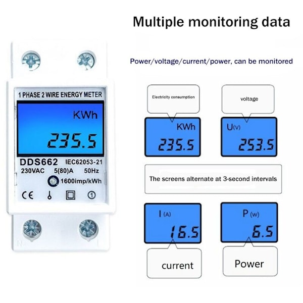 Hastighetsmåler Null Tilbakestilling Enfase Digital DIN Skinne Energimåler AC 220V Kwh Spenning Strøm Energiforbruk Måler A