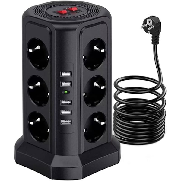 Tornin muuntaja 1,7 m:n pituudella, ylikuormitussuoja, lastensuojaus, yksittäiset kytkimet, 12 pistorasiaa, 2500 W, sähköinen, 5 USB-porttia