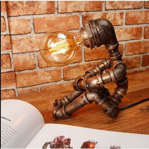 Robot skrivebordslampe Retro industriell skrivebordslampe Kreativ metall jernrør lysbesparende skrivebordslampe Sengelampe nattlampe LED skrivebordslampe，（1 stk，uten pære）