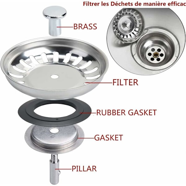 1 stk. køkkenvaskfilter, vaskprop, køkkenvaskfilterdæksel, rustfrit stål vaskfilter, rustfrit stål vaskprop, diameter 80 mm -