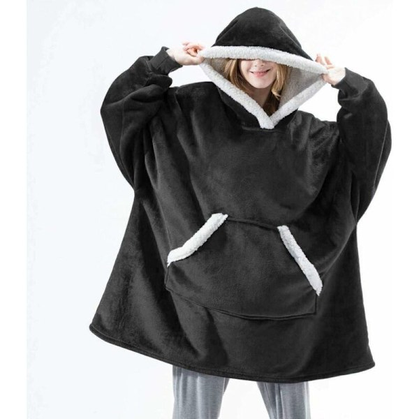 Oversized Pledd med Hætte Ærmepladde Vinter Sweatshirt Varmt TV Pledd Hættetrøje Blød Plys Frakke Hold Varmt, Komfortabel, Sort