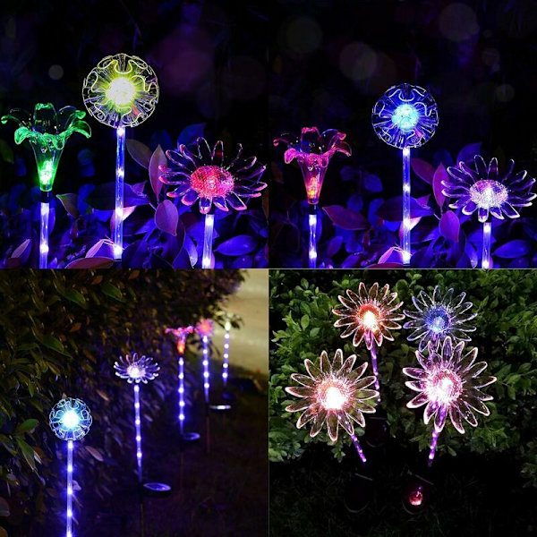Solcelled Blomsterlys Utendørs, Sett med 3 Solsikke Lilje Hagedekorasjoner, Hage Solcellelampe, Fargeskiftende LED Hagelys (IP65 Vanntett For)