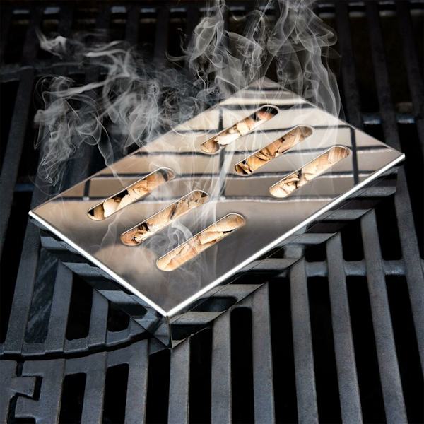 Savustin, Ruostumattomasta teräksestä valmistettu savustuslaatikko, Lisävarusteet kaasu- tai hiiligrillin, 20 x 13 x 3,5 cm-hopea-
