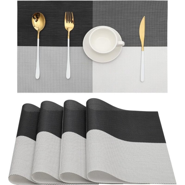 Black and White Grid bordstabletter Set med 4 tvättbara vävda vinyl bordstabletter - Torkbar matplatsunderlägg för kök matbord