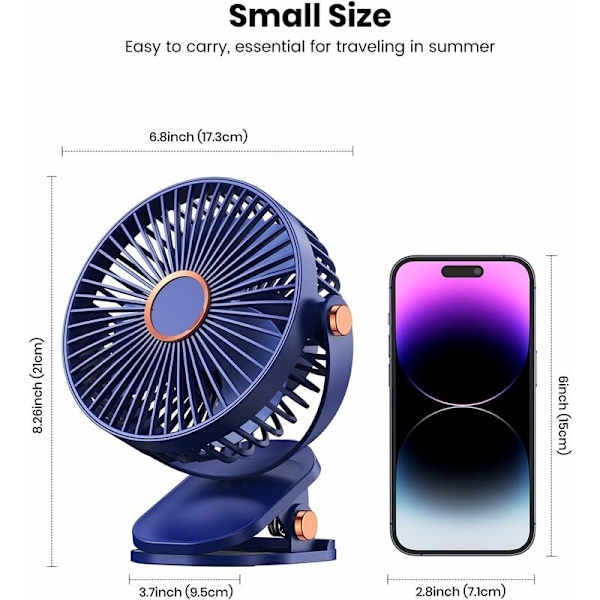 Bordventilator Mini Genopladelig Ventilator med LED 4-Vejs Kraftfuld Luftstrøm 720° Rotation, Bordventilator Batteri, Velegnet til Hjem Kontor Vogne (Dybhavsblå 5000