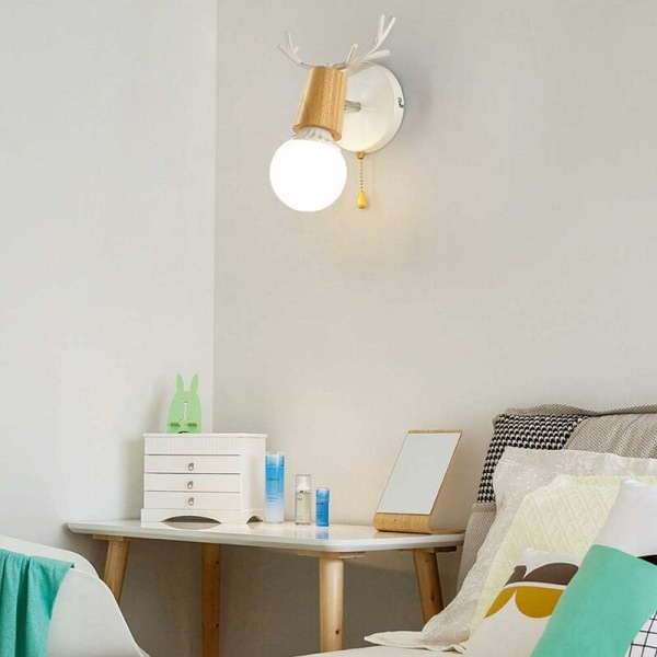 Nordisk moderne design hjort gevir form trevegglampe med trekkjede bryter leserom soverom vegglampe E27, uten pære