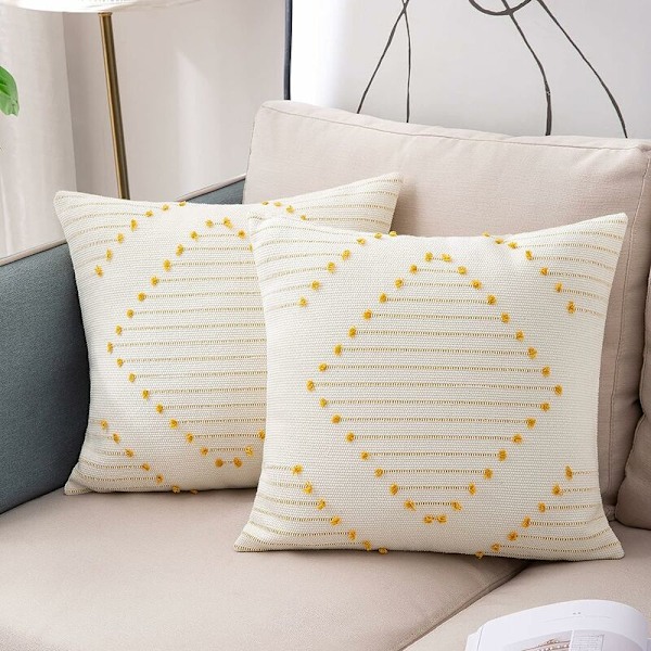 Set med 2 kuddfodral 45x45cm, bohemisk dekorativ kudde modern vävd fyrkantig örngott för soffa sovrum vardagsrum, gul och vit