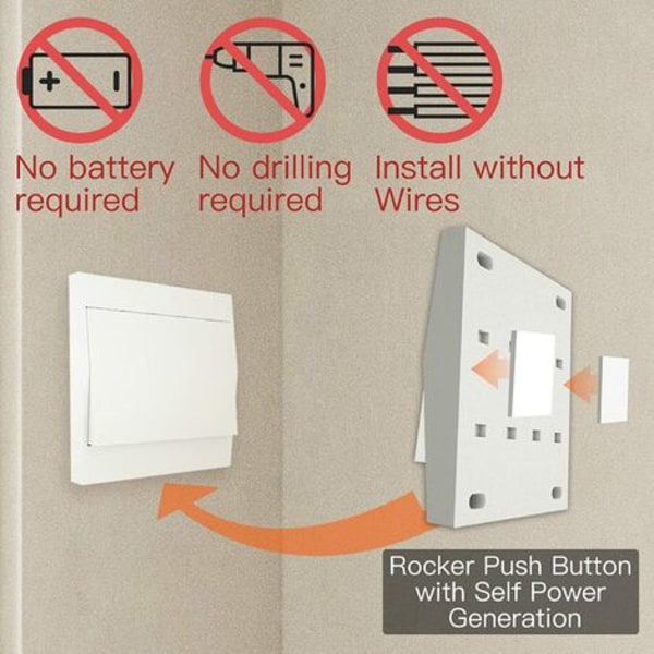 Mini trådløst lysbrytersett, uten ledninger Ingen batteri Enkel installasjon (1 RF-bryter og 1 mottaker)