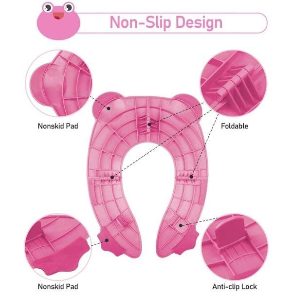 Foldbar Toiletstol til Børn, Bærbar Toilettræningstol til Børn, Rejsepottetræner til Småbørn med Opbevaringspose, Pink Frø