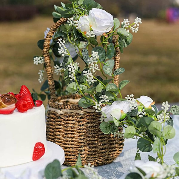 Set med 2 eukalyptusgirlanger med champagne ros, bulk girlang, konstgjorda sidenblommor (C)