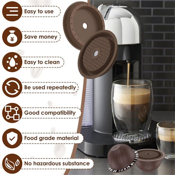 5 st Vertuo Återanvändbara Kaffepods för Maskin, Kaffe Kapsel med 2 st Silikonlock, 1 st Sked och Borste, (150 ml)