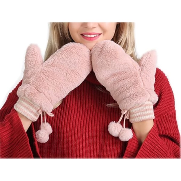 Fluffy vinterfortykkede fløyelshansker for kvinner med hengende baller Supervarme plysjfylte hansker votter