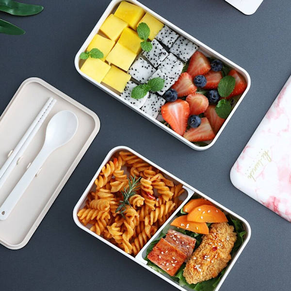 Bento Lunchbox Matlåda med Bestick för Vuxna och Barn Mikrovågsugnssäker Bento Box (Vit)