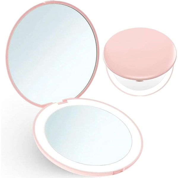 Kompakt makeup-spejl med 1/x10 forstørrelse og LED-belysning til håndtaske - foldbar - Pink