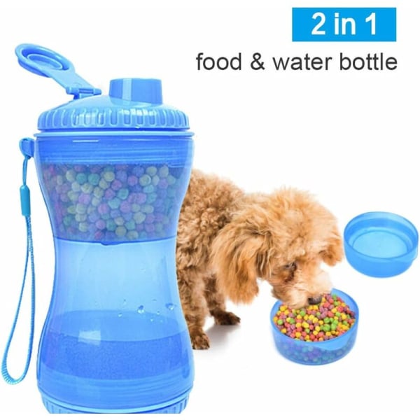 2 i 1 Bärbar Hund Vattenflaska, Bärbar Mat Vatten Dispenser, Läckagesäker, Husdjur Vatten Dispenser för Promenader, Vandring, Resor-