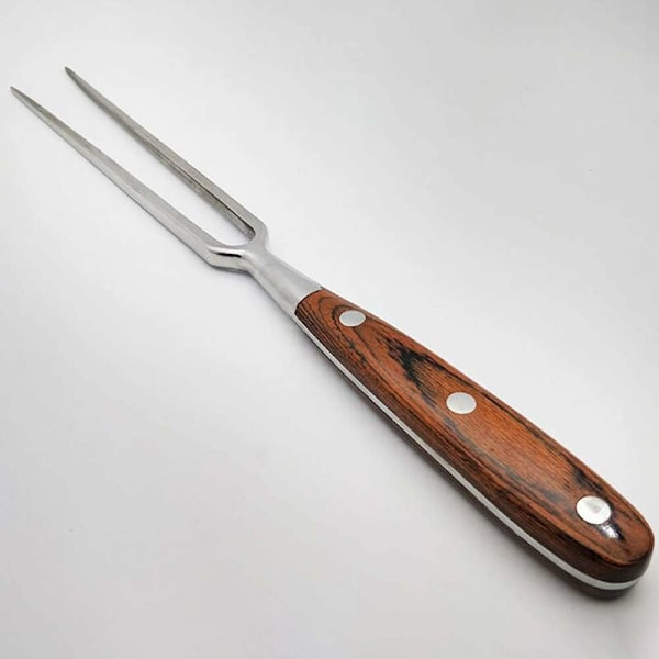 Köttgaffel, stor, rostfritt stål, med trähandtag, bladlängd: 15 cm, grill för stekt kött, matlagning (röd)
