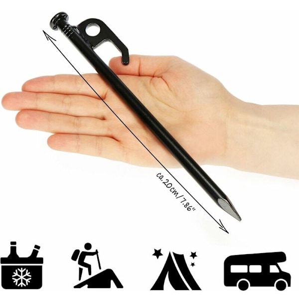 10 stk. Stålteltplugger - Lange, kraftige teltplugger for camping og utendørs - Perfekt for normal og hard grunn - 20 cm