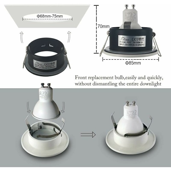 4 kpl IP65 vedenkestäviä LED-upotettavia spottivaloja, 5W 3000K lämmin valkoinen upotettava spottivalo kylpyhuoneeseen ja keittiöön upotettava kattovalaistus, leikkaus 68mm