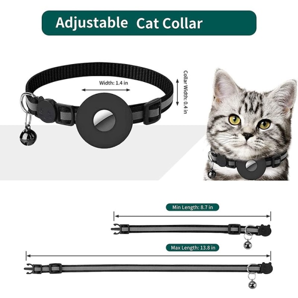 Reflekterende kattehalsbånd med klokke og vandtæt etui, kompatibel med Airtag-holder, sikkerhedsspændekrave, sort