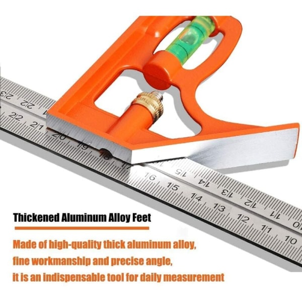 Kombinationsvinkel lineal rustfrit stål kombinationsvinkel 300mm domineret firkant positionerings lineal med vaterpas tømrer værktøj til 45°/90° tæppe