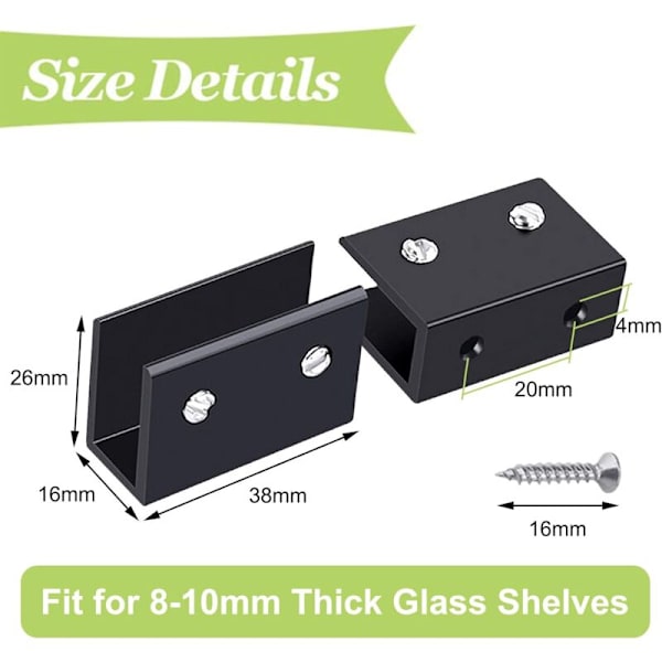Glasklämma, 4 stycken väggmonterade glashyllfästen Svart glashyllfäste, justerbart glashyllfäste i aluminiumlegering, för 8-10 mm tjocklek