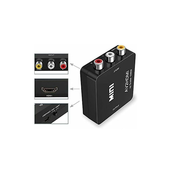 RCA till HDMI-adapter, 1080P Hdmi AV-adapter, RCA CVBS AV till HDMI-komposit ljud- och videokonverter. för PS2/ Wii/Xbox/SNES/ N64/ VHS/DVD VCR, stödjer P