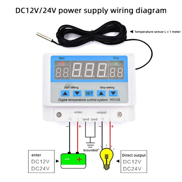W3103 AC 220V Maks Digital Termostat 30A Temperaturregulator Veggbryter DC 12V 24V Termostat