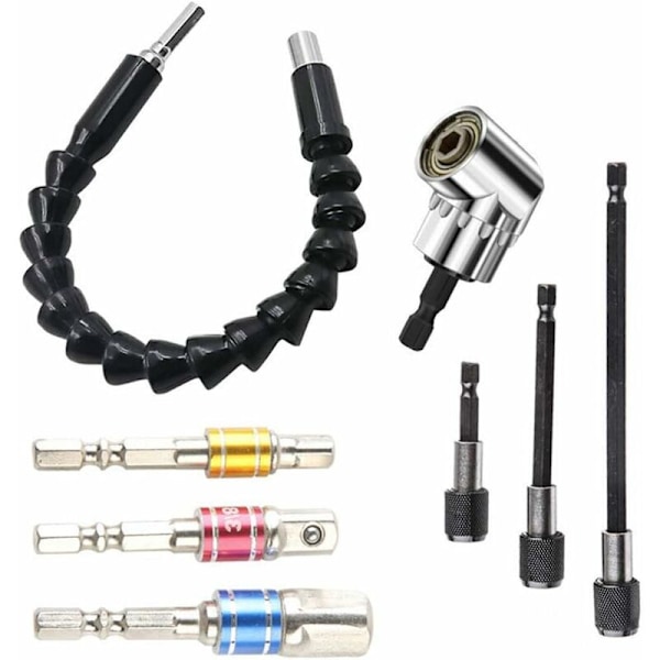 105 Graders Vinkelborr Adapter + 7mm-19mm Universal Ratschborr Adapter + 1/4 \" Flexibel Förlängning Mjuk Axel Borrhållare + 3 Slagsocklar