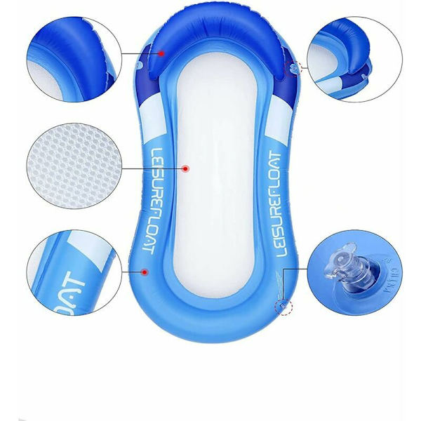 Oppustelig Poolmadras, Oppustelig Poolstol, Poolhængekøje, Oppustelig Flydende Seng med Net, Voksen Børn Pool og Strandmadras (Blå) - DENUOTOP