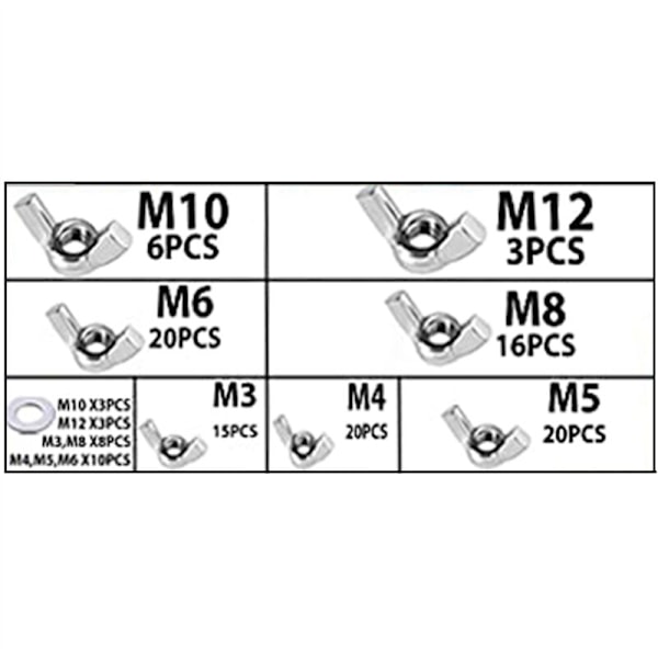 Vingemutter, 100 stk. rustfritt stål vingemuttersett med 52 stk. skiver, metriske gjengeskruer, hånd