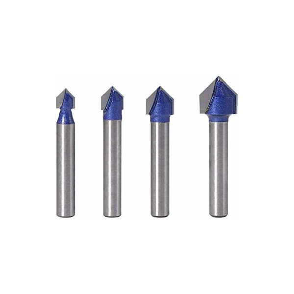 4 stk. 6,35 mm Skaft 90 ° V-spor Fræser Bits Træbearbejdning Fræsning 6,35 mm, 7,94 mm, 9,52 mm, 12,7 mm Sporfræser V-formede Bits, Blå Træskæringsværktøj