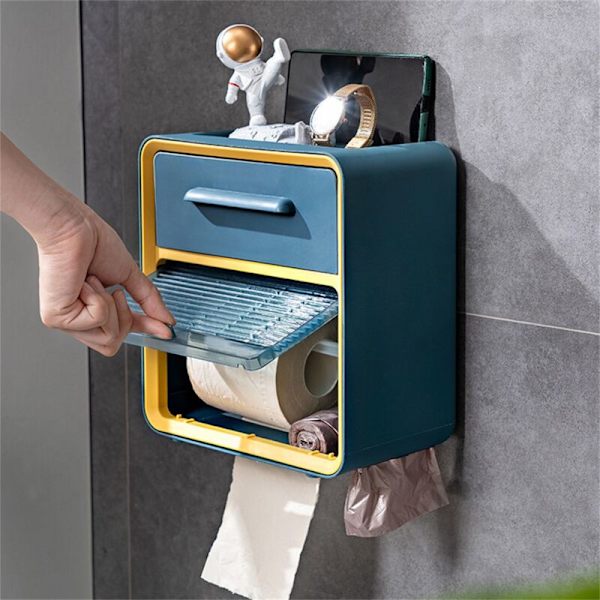 Vandtæt toiletrullepapirboks vægmonteret toiletrulleholder stansfri blå dobbeltlags tissueboks