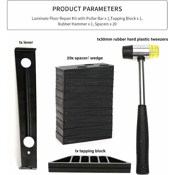 Laminatgulv Installasjonssett med 20 avstandsklosser, bankestein, trekkstang og hammer