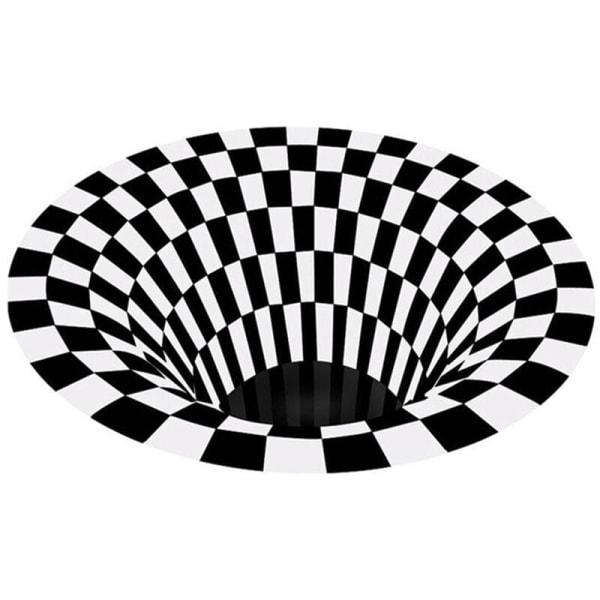 Illusjon Teppet Felle Effekt 3D Hull Bunn Rund Teppet Svart Hvit Rutenett Soverom Anti-Skli Gulvmatte-C