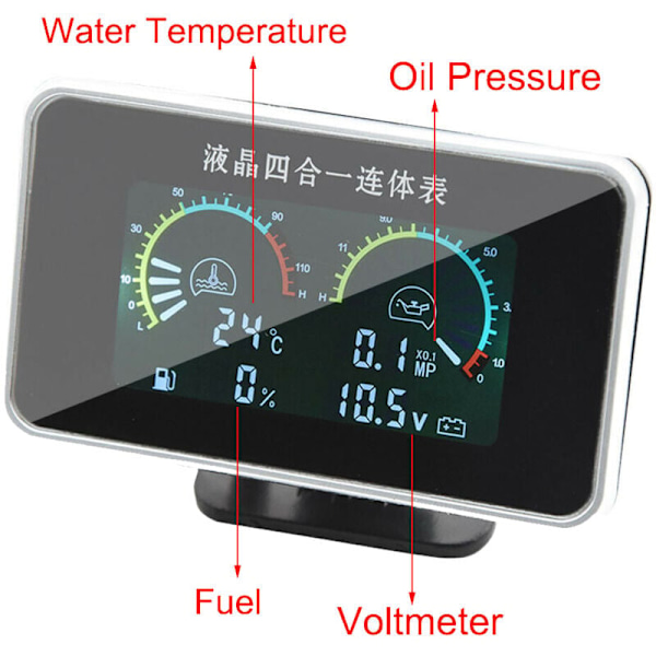 4 i 1 LCD bil multifunktion digital temperatur trykmåler brændstofmåler voltmeter