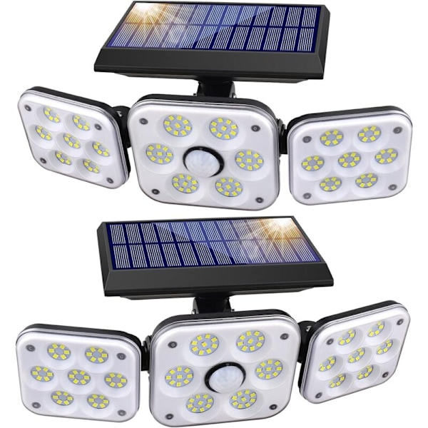 2-pak Solcellelys Utendørs Bevegelsessensor, Solcellelys Utendørs 3 Hoder 138 LED IP65 Vanntett Solsikkerhetsflomlys med 3 Moduser for Hage
