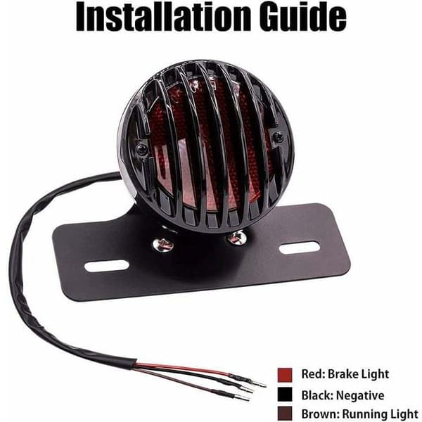 Rundt sort baglygte til motorcykel - med nummerpladeholder, 12V,